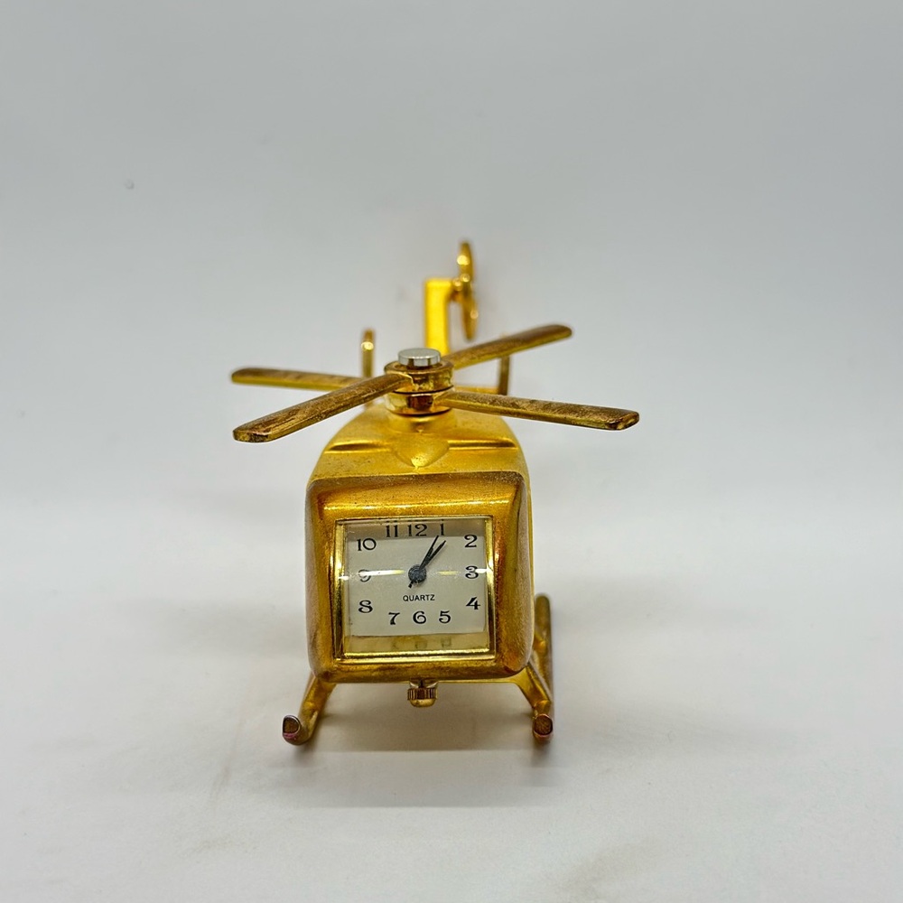 Gold Tone Helicopter Mini Table Clock Vintage Desk Clock Paperweight Decor